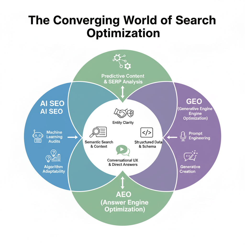 Venn diagram illustrating relationships and overlapping elements between AI SEO, Answer Engine Optimization, and Generative Engine Optimization strategies