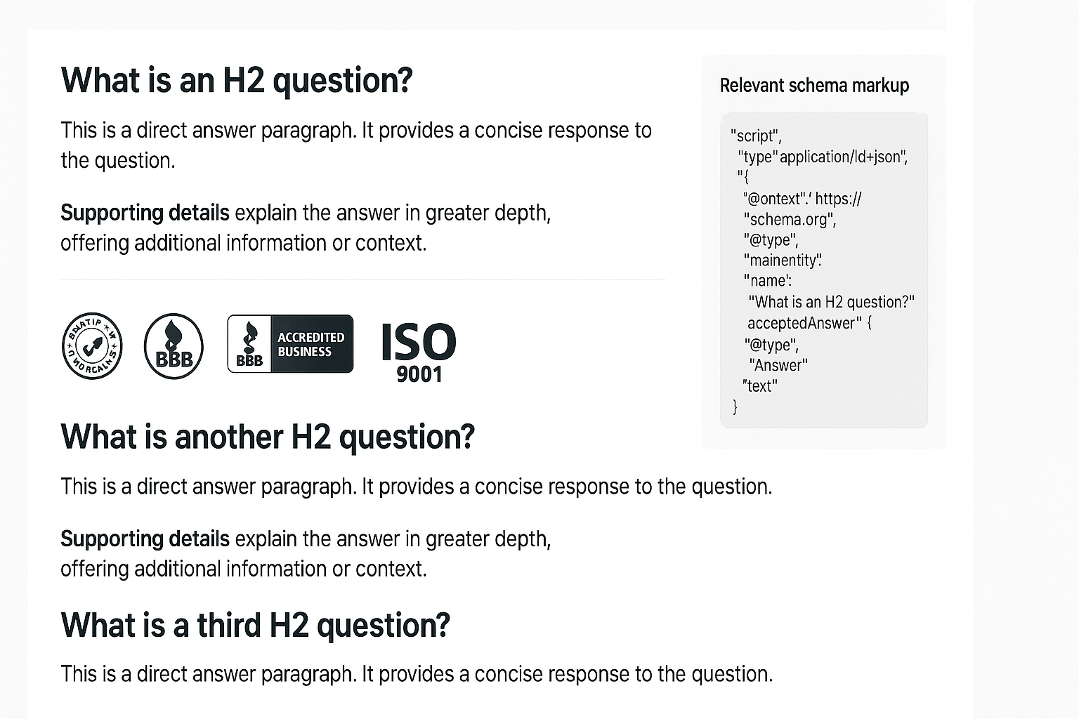 Website layout example demonstrating AI-ready content structure with question-based headings, extractable answer blocks, and visible trust indicators