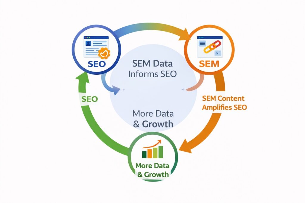 A flywheel diagram showing how SEO and SEM create a self-reinforcing cycle: SEM data informs SEO, SEO content is amplified by SEM, leading to more data and growth