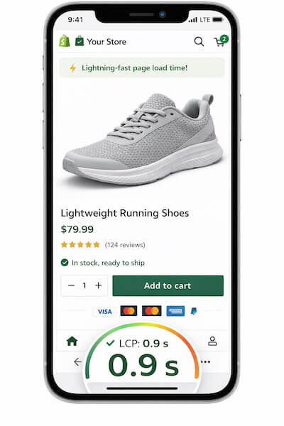 A mobile screenshot of a fast-loading Shopify product page, demonstrating a high LCP score.