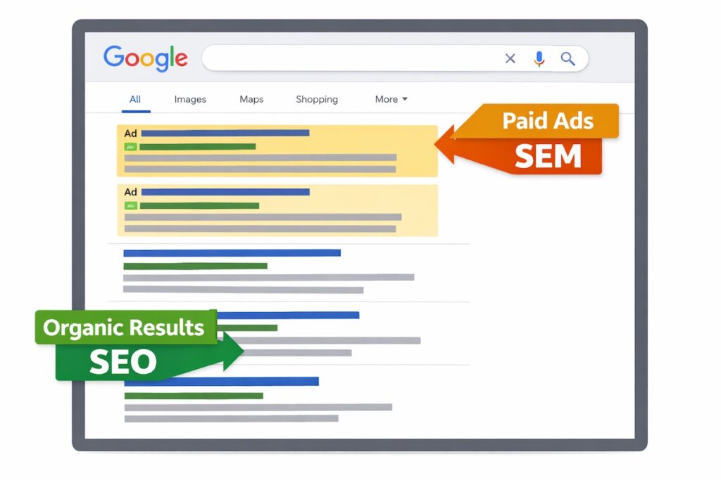 An infographic showing the Google search results page, with arrows pointing to the organic results (labeled SEO) and the paid ads (labeled SEM)