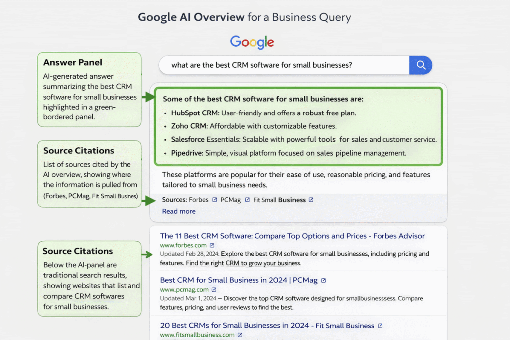 Annotated screenshot of Google AI Overview for a business query showing answer panel, source citations, and traditional search results below