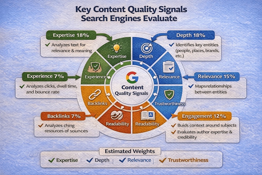 Circular diagram showing 8 key content quality signals search engines evaluate, with percentage weights for each factor