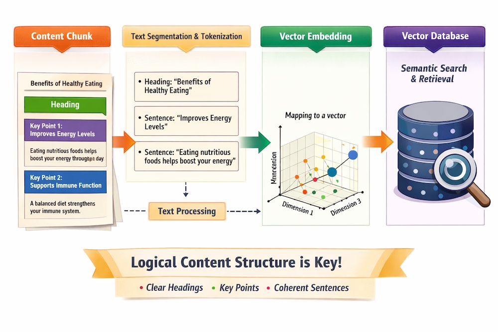 Diagram illustrating how a content chunk is converted into a vector embedding for AI search and retrieval