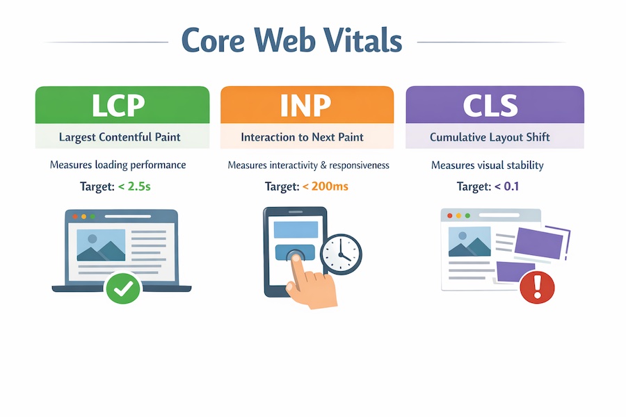 Diagram illustrating the three Core Web Vitals (LCP, INP, CLS) with their target scores and a brief explanation of what each measures.