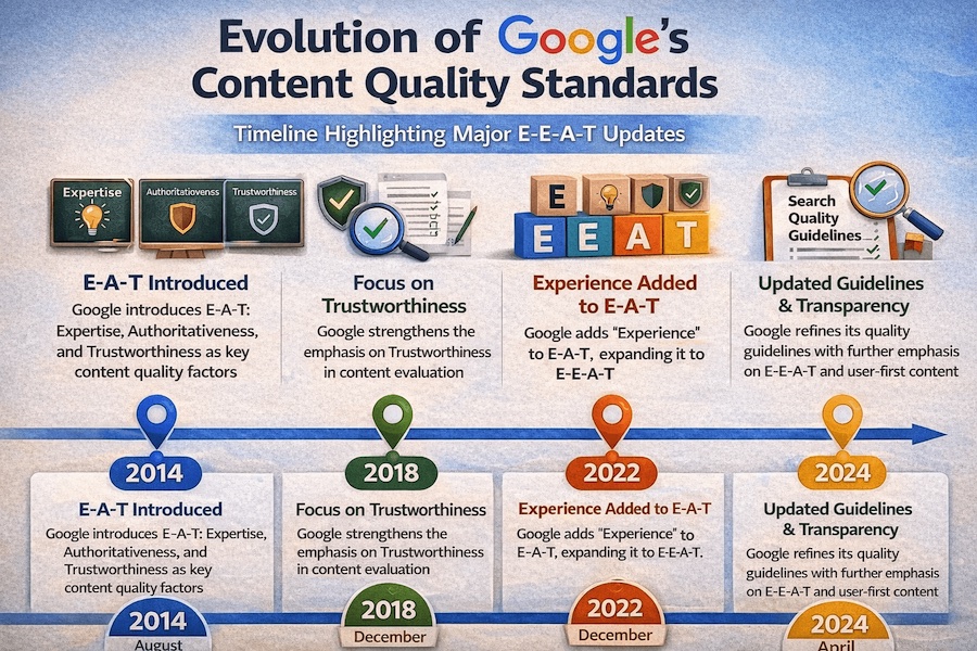 Timeline showing evolution of Google's content quality standards from 2014 to 2024, highlighting major E-E-A-T updates