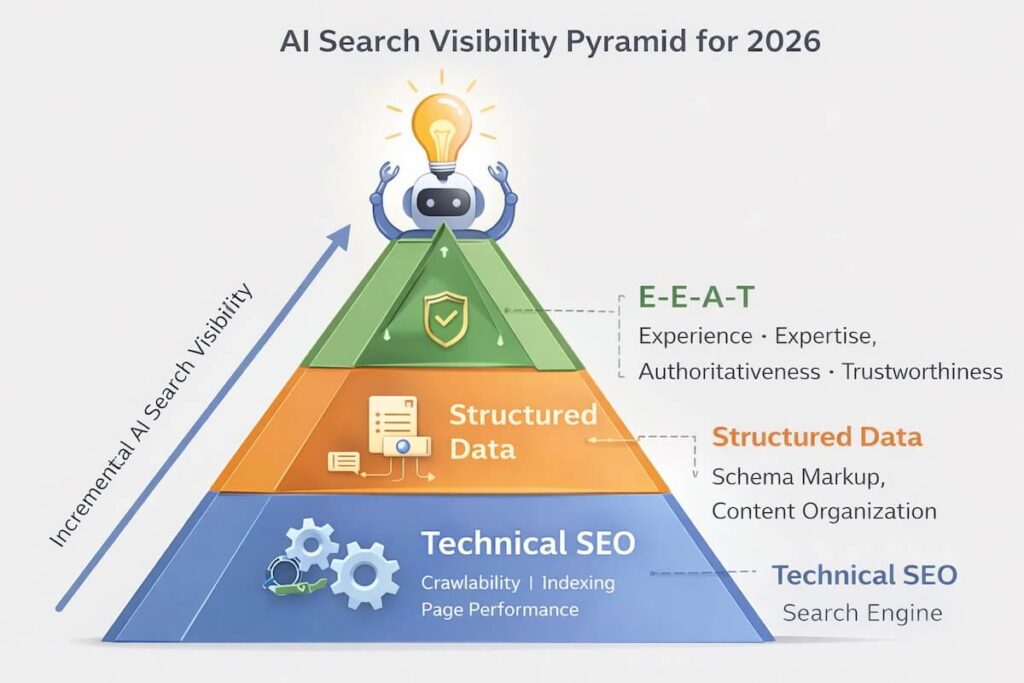 Infographic of the AI Search Visibility Pyramid for 2026, highlighting the hierarchy of technical SEO, structured data, and E-E-A-T.