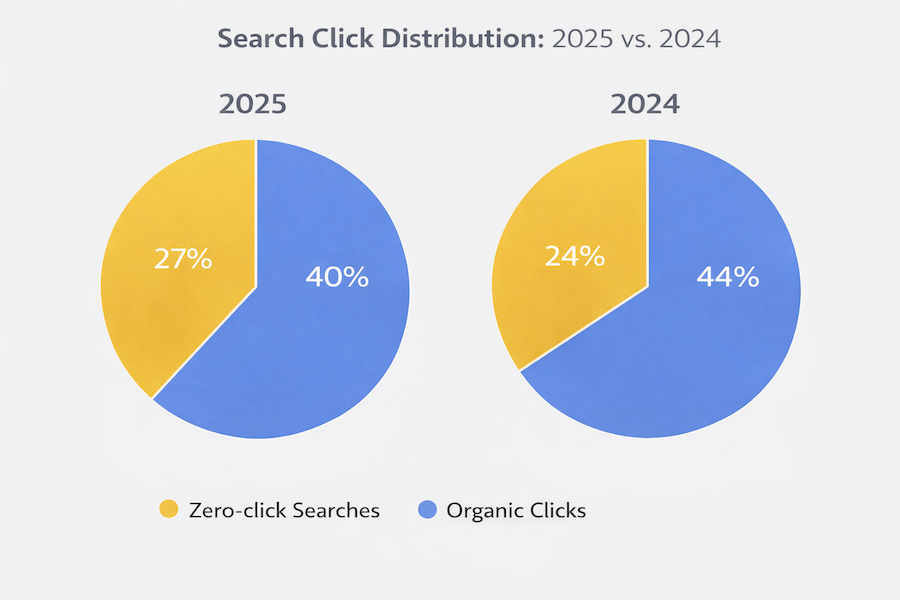 Pie chart showing distribution of zero-click searches, organic clicks  in US, 2025 compared to 2024 results