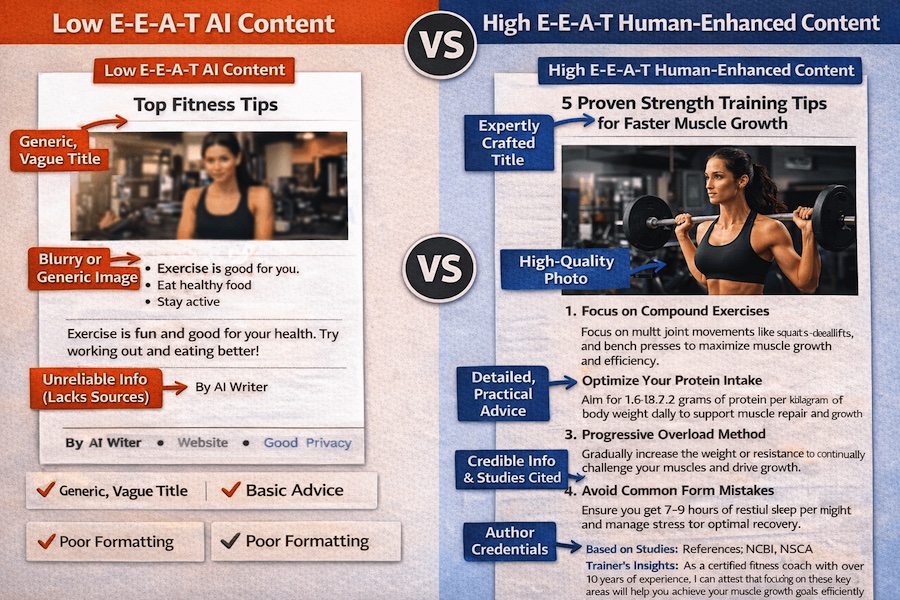 Side-by-side screenshot comparison of low E-E-A-T AI content versus high E-E-A-T human-enhanced content, with quality signals annotated"