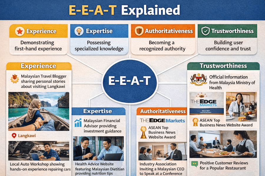 Visual breakdown of E-E-A-T components showing Experience, Expertise, Authoritativeness, and Trustworthiness with Malaysian business examples for each