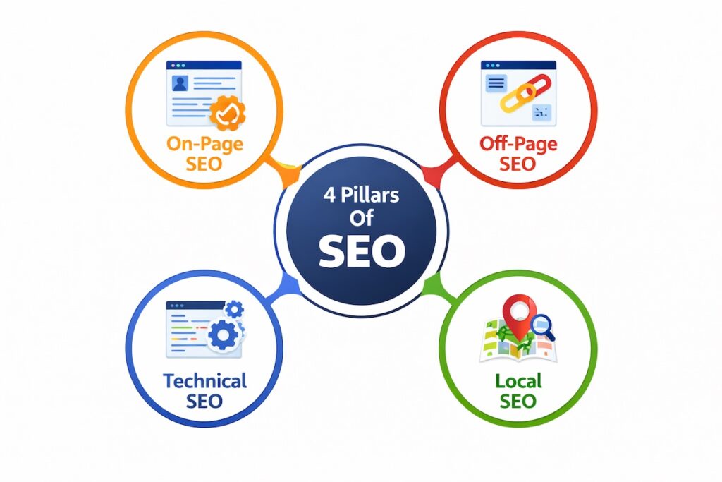 A diagram showing the four pillars of SEO: On-Page, Off-Page, Technical, and Local SEO, with icons representing each