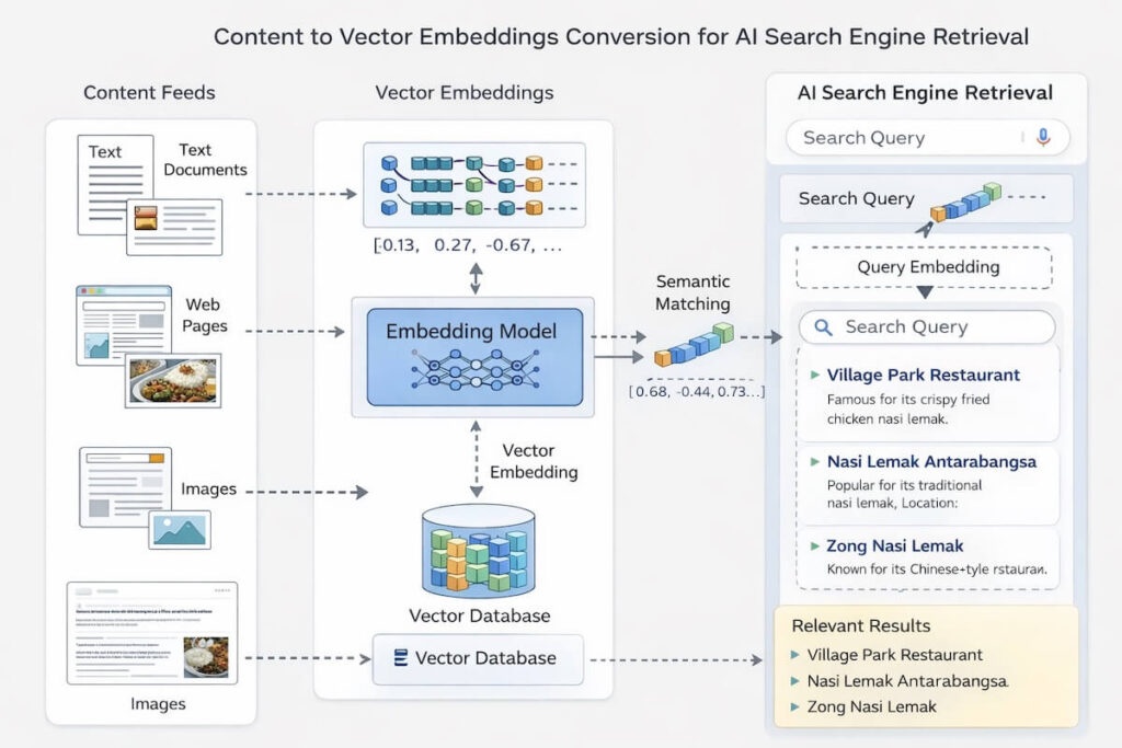 Technical diagram of content being converted into vector embeddings for AI search engine retrieval and semantic matching.