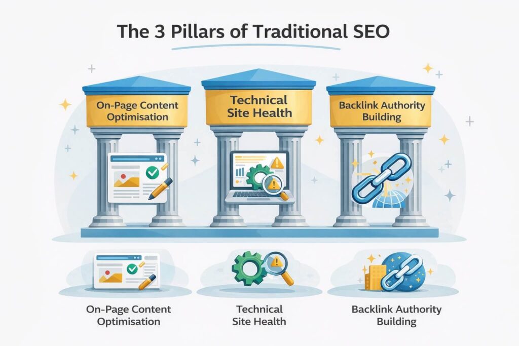 Infographic showing three pillars of traditional SEO: on-page content optimisation, technical site health, and backlink authority building, with simple icons