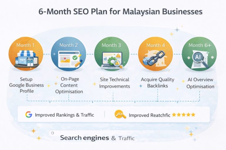 Timeline roadmap graphic showing a 6-month SEO plan for Malaysian businesses