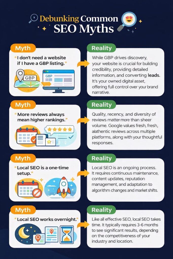Infographic illustrating common local SEO myths and their realities