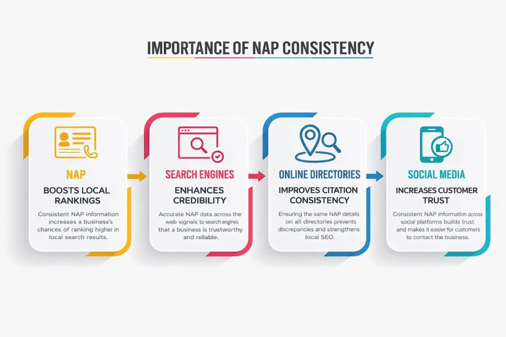 Infographic illustrating the importance of consistent Name, Address, Phone (NAP) information for local SEO