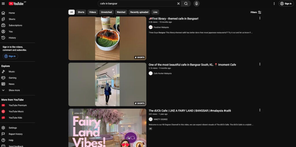 YouTube search results displaying local business videos