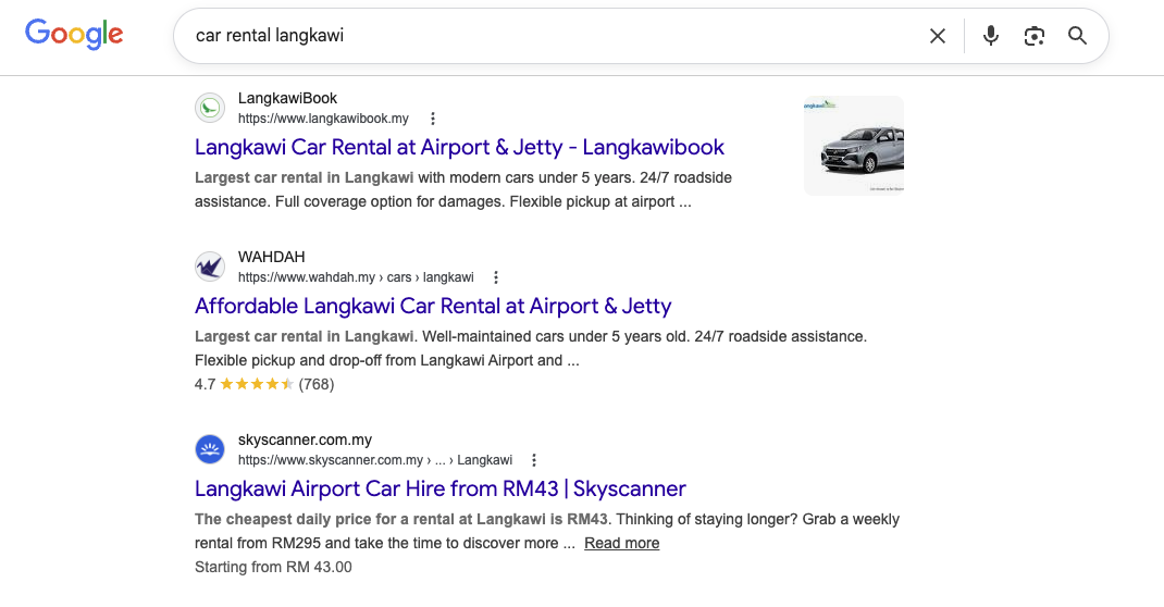 "Car Rental Langkawi" — SERP result