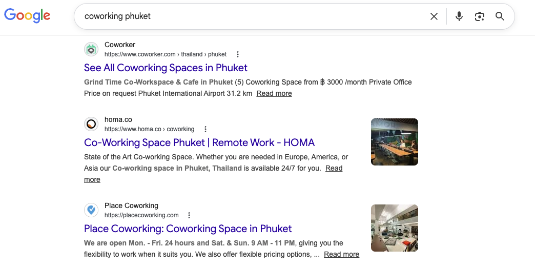 "Coworking Phuket" — SERP result