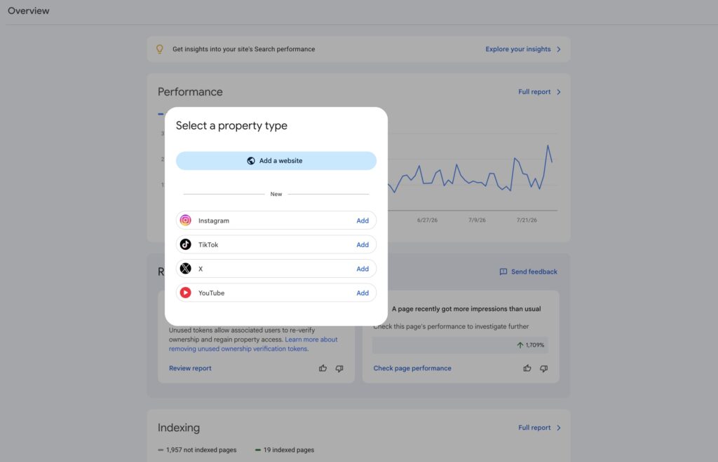 Search Console property selector open, showing the platform options alongside existing domain properties